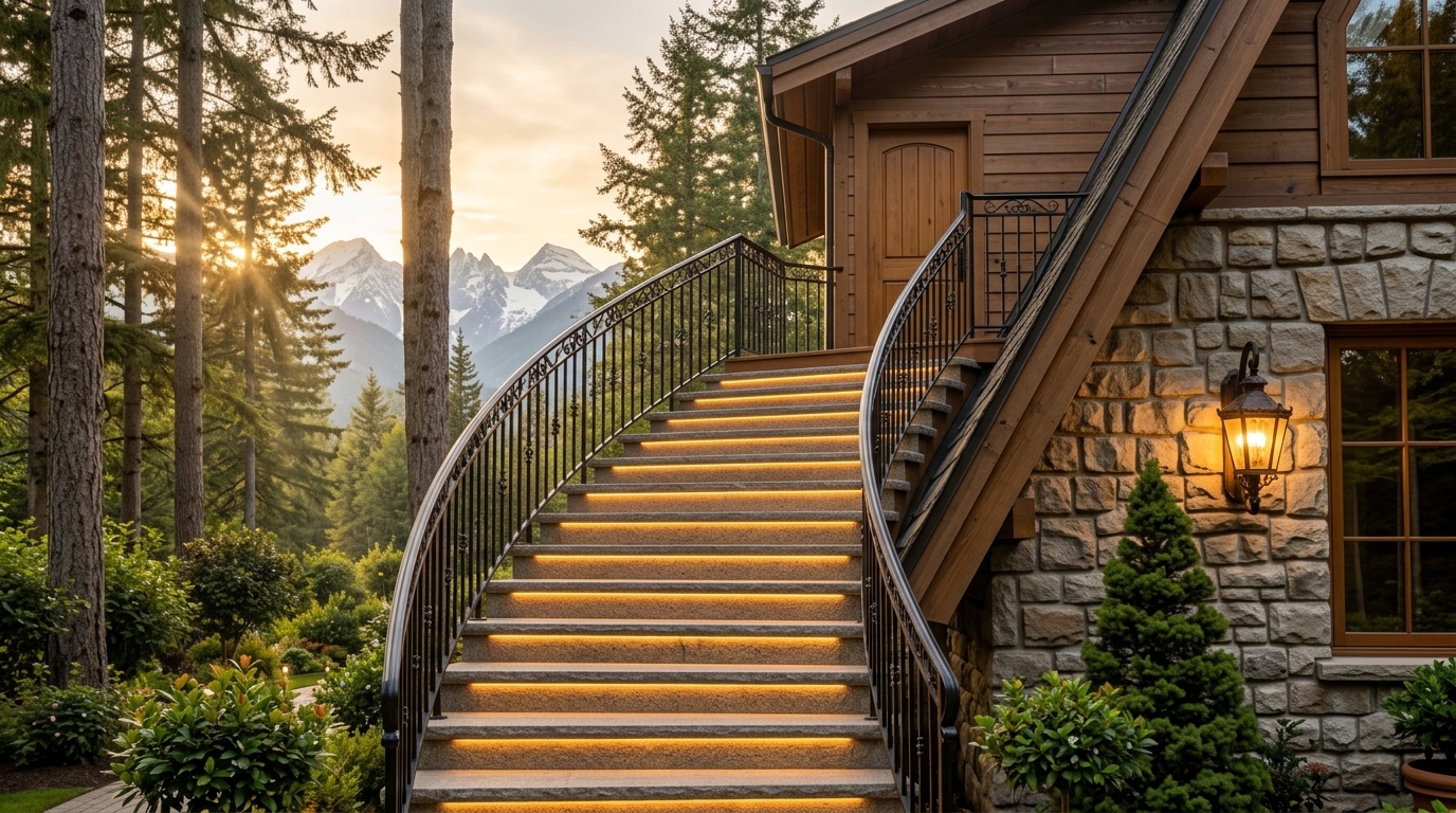 Handcrafted Curved Stone Masonry Stairs and Facade Plinth